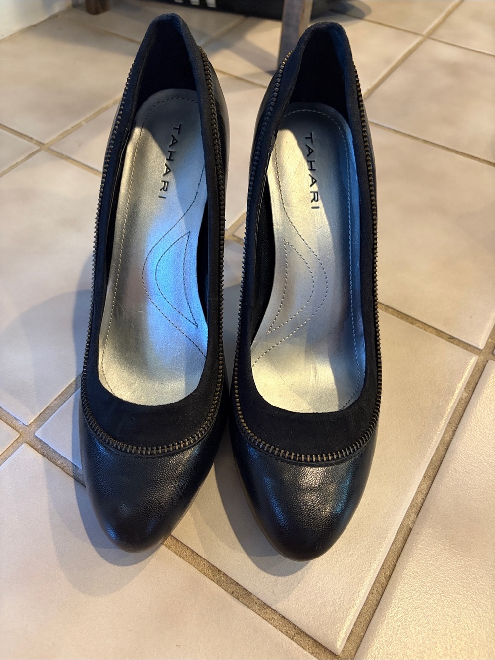 Tahari Black Leather and Suede Round-Toe Heels